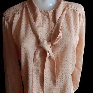Vintage Women's Secretary Blouse 13/14 1970's Fritzi Peach Polka Blouse Tie Neck